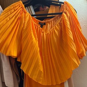Express Vibrant Orange Pleated Off-Shoulder Blouse